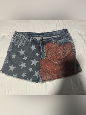 Crazy Train Star & Bandana Patchwork Denim Shorts - Blue and Rust